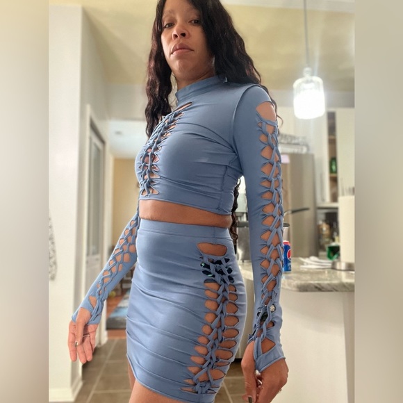 Fashion Nova Kara Cut Out Denim Blue Long Sleeve Mini Skirt Set - Picture 9 of 16